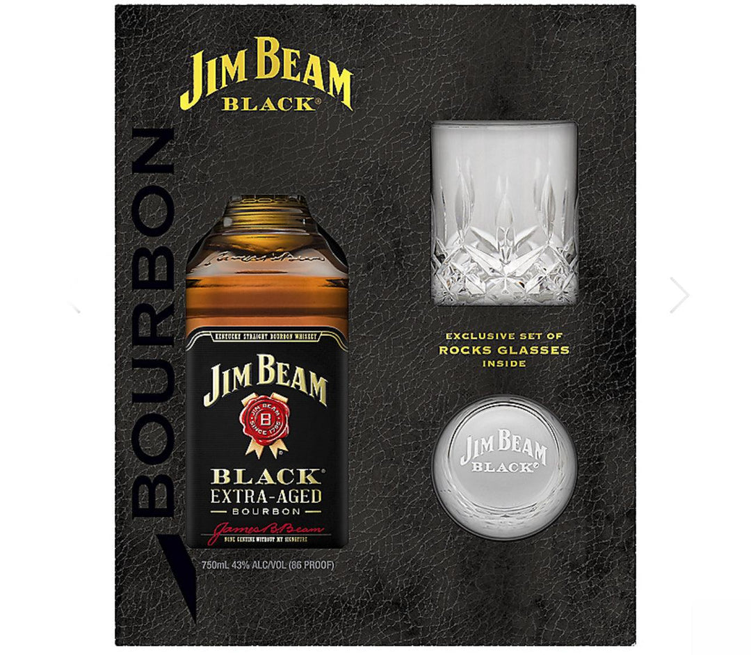 Jim Beam Straight Bourbon Black Label Extra Aged Gift Set With Jim Beam Black Rock Glasses - Liquor Luxe